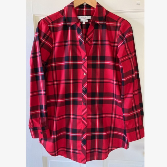 NEW Red Plaid Shirt Tunic Size 6 Foxcroft Holiday Tartan Wrinkle-Free Shaped Fit - Picture 7 of 12